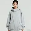 Sudadera con Capucha Gris Claro Nueva de Primavera Personalizada para Mujer con Diseño de Cremallera Diagonal, Holgada Casual, Tendencia y Fresca, Top con Efecto Adelgazante