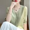 Cárdigan de punto con cuello en V y manga corta para mujer, de seda morera y tencel, holgado, combinable, de color liso, novedad de verano de 24 años