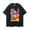 Camiseta de manga corta estilo anime con lavado desgastado, featuring escenas clásicas, estampado 2D desgastado, en stock