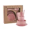 Conjunto portátil de louça de trigo com três peças conjunto de louça de palha de trigo Tigela Copo prato prato hashi garfo hashi trigo conjunto de seis peças