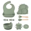 Plato de Cena de Silicona con Dibujo de Dinosaurio Set de 9 Piezas para Bebé Aprendiendo a Beber Compartimento Anti-Caídas Ventosa Plato para Comida Vajilla de Alimentación