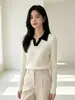 Fábrica de Suéteres Fuente Dalan: Suéter de punto para mujer de otoño e invierno con cuello, tejido de ochos y colores contrastantes, top interior adelgazante, venta al por mayor y hecho a medida