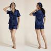 Pijama Europeu e Americano Feminino de Verão Listrado Cor Lisa Básico Manga Curta Shorts Conjunto Casual para Casa Feminino 2349