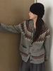 Suéter Jacquard Colorido Contrastante Estilo Fair Isle Retro Feminino Outono Inverno Novo Cardigan de Tricô com Botão de Chifre Feminino 1174