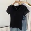Atacado Transfronteiriço Verão 210g Contagem 40 Fio de Algodão Decote V Ombro Direito Slim Manga Curta Camiseta Feminina Tamanho Grande Top