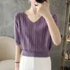 Camisa de malha de algodão puro com decote em V e detalhes vazados para mulheres, manga curta, verão, estilo coreano, solta, simples, versátil, estilosa, pulôver, top fino