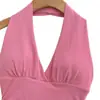 Camisola blanca de cuello halter con escote en V y espalda descubierta con copas en el pecho para mujer, nuevo estilo de verano 2026, cintura fruncida, top para llevar encima
