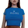 Moda de Verano 2025 Nueva Camiseta de Manga Corta Ajustada para Mujer con Estampado de Letras de Diamantes Calientes que Muestra el Ombligo