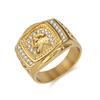 Anel Cruzado Europeu e Americano Hip Hop Cabeça de Cavalo Aço Inoxidável Banhado a Ouro 18K Diamante Personalidade de Nicho Joia de Mão Masculina