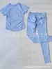 Conjunto de Yoga Transfronterizo Sin Costuras Ajustado de Manga Corta y Pantalón Largo Camiseta de Cuello Redondo y Pantalón Largo