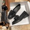Sapatos Femininos de Couro 2026 Outono Novo Estilo Britânico Mocassins com Laço Preto Salto Médio Versátil Sapatos Planos para Trabalho