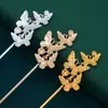 Horquilla de Aleación Color-Preservante por Electroforesis Tres Mariposas Doble Perla Cuerpo Principal Estilo Antiguo Accesorios para el Cabello Hanfu Cheongsam Corona de Cabello