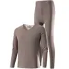 Ropa interior sin costuras de lana y seda de peso pesado para hombre, traje de invierno cálido, camiseta de cuello en V de manga larga, terciopelo de doble cara, ropa de otoño y pantalones largos