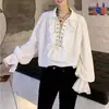 Camisa de Manga Larga con Cuello Retro de Puño Fruncido y Cordón para Hombre y Mujer Popular en Internet Europeo y Americano Distintiva Camisa de Corte Moderna