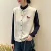 Nova moda outono estilo coreano gola redonda colete de malha bordado com contas em camadas para mulheres, cardigã colete suéter elegante