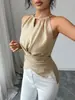 2026 Transfronteiriço Europeu e Americano Estilo Garota Popular da Amazon Gola Alta Sem Mangas Slim Fit Cor Sólida Cruzado Casual Elegante Top