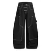 Jeans de Marca Masculina Tendência Americano Transfronteiriço Desconstruído Patchwork Fivela de Avião Design Toque de Luxo Corte Curvo Jeans de Perna Larga Solto