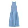 Vestido Midi de Verão Feminino Estilo Europeu e Americano Gola Redonda Comprimento Médio Xadrez Sem Mangas 26022