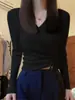 Suéter de tricô com decote V para mulheres, blusa de manga comprida, nova base branca para primavera e outono de 2026, suéter curto estiloso