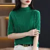 Verano Nuevo Fino para Mujer Camiseta de Punto Fino de Manga Corta de Cuello Medio Alta Versátil Moda Holgada Casual Top Tejido