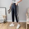 Calças Femininas de Algodão e Linho Comprimento no Tornozelo Nova Coleção Primavera/Verão Calças Casuais Leggings com Cadarço Calças Esportivas Calças Femininas Listradas Finas
