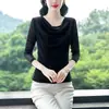 Camisa base de malla elástica, versátil, de manga larga, con cuello fruncido, a la moda, casual, para primavera, otoño e invierno, que estiliza y realza la figura