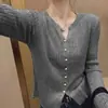 Camiseta básica de punto con cuello redondo de diseño transfronterizo para mujer, jersey abotonado, manga larga, corte holgado, adelgazante, suéter de mujer de nuevo estilo con abertura