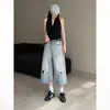 Pantalones Cortos de Mezclilla de Talle Alto Estilo Americano con Diseño Desgastado para Mujer Verano 2026 Nuevos Pantalones Anchos Cropped Sueltos Modernos