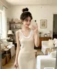 Vestido sin mangas con cuello estilo francés para mujer, estilo verano, color block, elegante, corte ajustado, bodycon