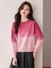 Tricô com Flor Tie-Dye Gradiente de Manga Longa para Mulheres Outono e Inverno 2025 Novo Tricô Solto Lazy Camisa Base Top
