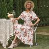 Amazon Estación Independiente Comercio Exterior Transfronterizo Productos Calientes Vestido Floral con Mangas de Hoja de Loto y Cuello Redondo con Encaje Plisado
