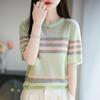 Suéter de cuello redondo de lana peinada de estilo nuevo de verano 2025, camiseta de manga corta para mujer, jersey de rayas coloridas, camisa básica