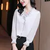 Camisa de Punto Casual de Moda con Cuello en V y Puntadas de Encaje de Manga Larga para Mujer, Top de Camisa Elegante de Gasa para Primavera y Otoño de Color Sólido