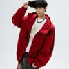 Cardigã de corte solto, top estilo workwear, conjunto vermelho oversized estilo americano, moletom com capuz para homens, tamanho R, coleção de outono