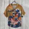 Camisa POLO Masculina Casual Estampada Criativa com Elementos Ukiyoe Transfronteiriços 2024, 3 Botões, Estampa Digital