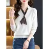 Top de manga larga con cordones, diseño de bloques de color y procesamiento OEM, suéter de punto versátil y adelgazante para mujer