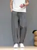 Pantalones de lino a rayas verticales para hombre, estilo fino de verano, pantalones casuales de algodón y lino estilo chino, talla grande, pantalones tipo harén rectos holgados