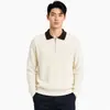 Estilo Old Money Camisa Polo de Tricô Masculina Color Block Gola Lapela Zíper Primavera Outono 2026 Nova Costela Vertical Manga Longa Lã Roupa Masculina