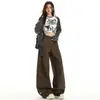 Jeans Anchos Deconstruidos Estilo Cimitarra Color Marrón Café para Mujer Otoño e Invierno Nuevos de Cintura Alta Ajustados Sueltos Casuales Ropa de Trabajo Pantalones Largos hasta el Suelo