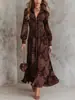 Vestido Longo Retro Europeu e Americano de Outono com Estampa Paisley, Gola Reversível em V, Ajuste na Cintura e Mangas Bufantes em Estoque