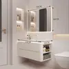 Gabinete Lateral Inteligente Combinado de Madera Maciza Estilo Crema de Lujo Ligero Gabinete de Baño con Lavabo Cerámico Integrado
