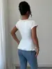 2025 Verano Nuevo Estilo Europeo y Americano Comercio Transfronterizo Exportación Casual Simple Encaje Manga Corta Camisa para Mujer Color Sólido Top Versátil