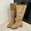 Botas de Salto Alto Dobráveis de Duas Vias Retrô 2026 Salto Bloco Grosso Solado Espesso Marrom Mesclado Botas de Cavaleiro Ocidental