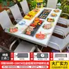 Mesas y Sillas Nórdicas de Exterior Mojia, Aleación de Aluminio con Acabado de Madera, Mesas con Parrilla Eléctrica y de Carbón, Mesas y Sillas para Barbacoa de Exterior en Patio para Uso Doméstico