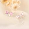 Pendientes de lazo de diamantes, pendientes coreanos súper brillantes de color rosa, pequeños pendientes de circonitas ligeras, joyería de plata de lujo de alta calidad.