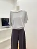 Camiseta Asimétrica sin Hombros Holgada de Tencel Hecha a Mano para Mujer, Nuevo Estilo de Verano, Ligeramente Transparente, Top Versátil de Manga Corta