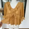 Camisa de Lyocell con Cuello en V Fruncido y Mangas Abullonadas para Mujer, Top de Verano con Adorno de Encaje