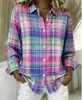Novas camisas de manga comprida outono/inverno para mulheres europeias e americanas, apresentando designs simples e modernos xadrez e listrados, e uma gola de lapela casual.