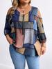 Europeu e americano plus size feminino outono e inverno moda nova manga comprida zíper decorativo ombro de fora estampado xadrez solto diário top
