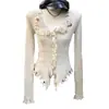 Nuevo diseño de otoño e invierno, top cárdigan de moda estilo americano con dobladillo deshilachado e irregular para mujer, blanco talla única, negro